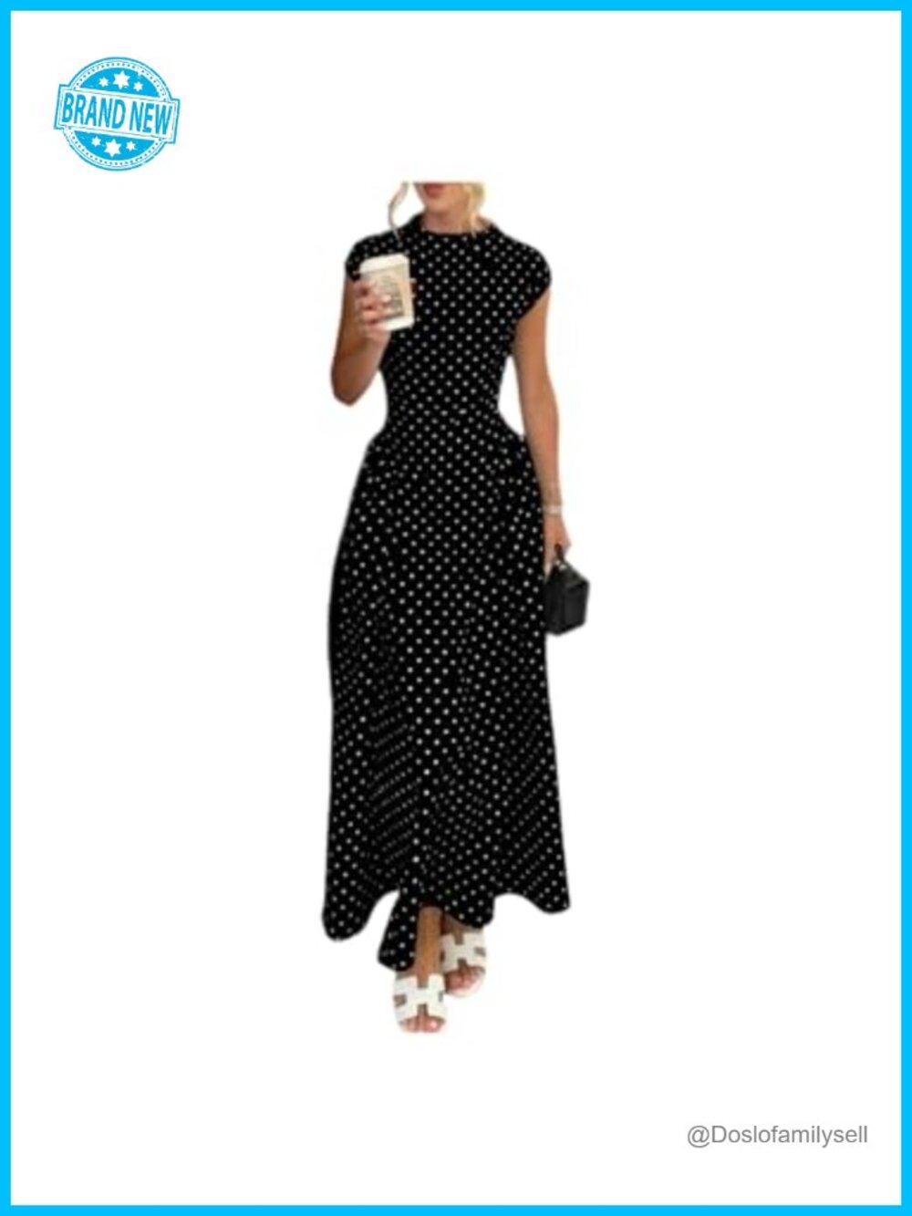 Women's Polka Dots Cap Sleeve Mock Neck Maxi Dress A-Line High Waist
